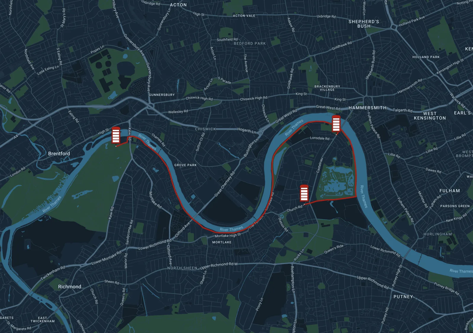 Barnes to Kew Green via Wetland Centre route map