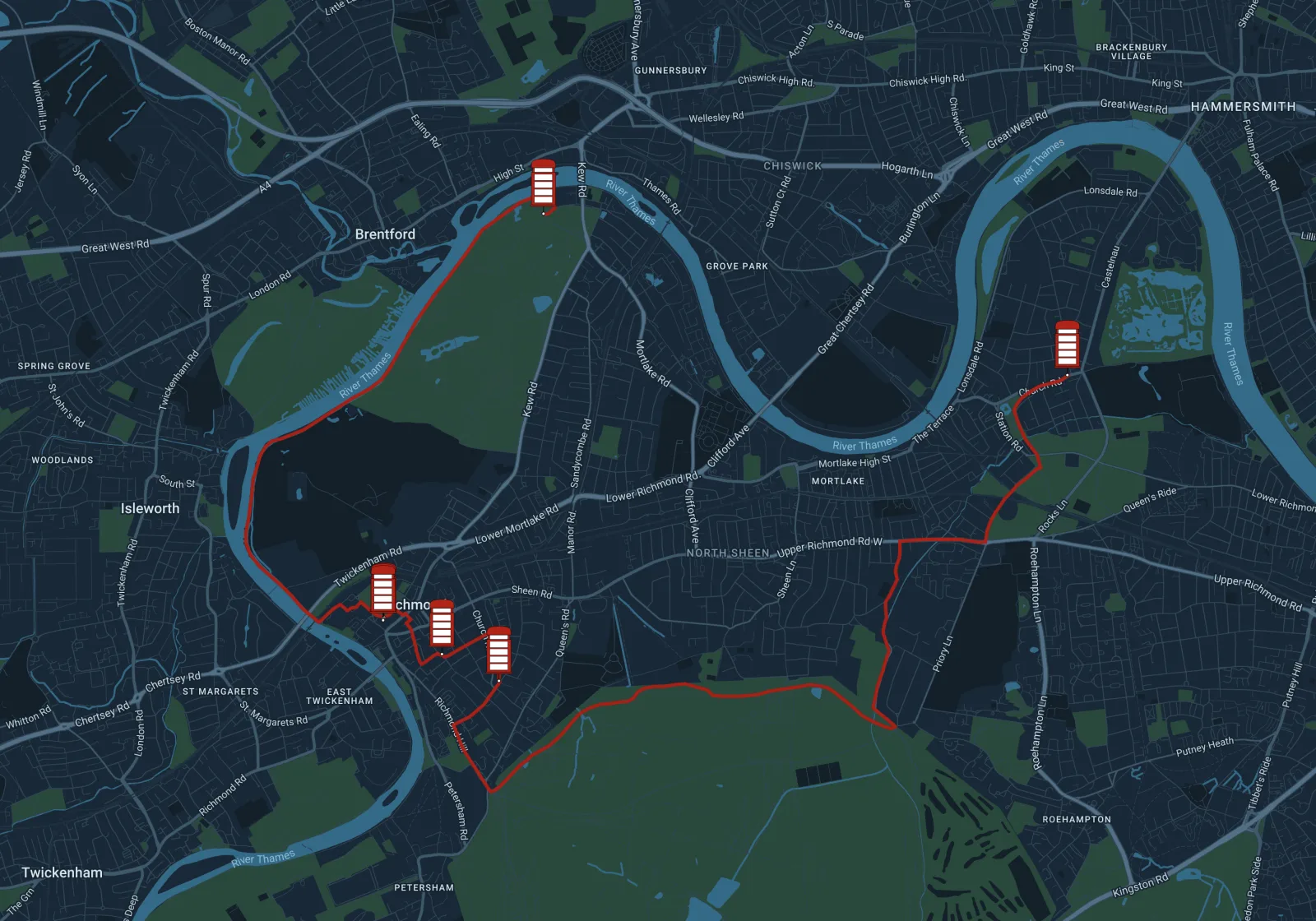 Kew Green to Barnes via Richmond Park route map