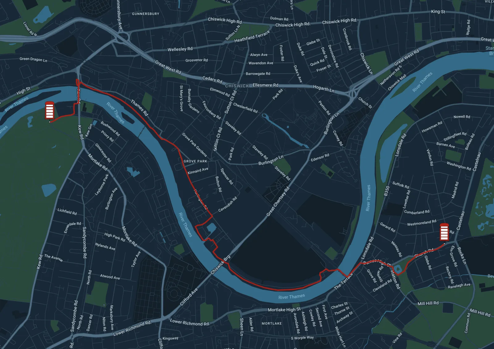 Kew Green to Barnes via Thames River route map