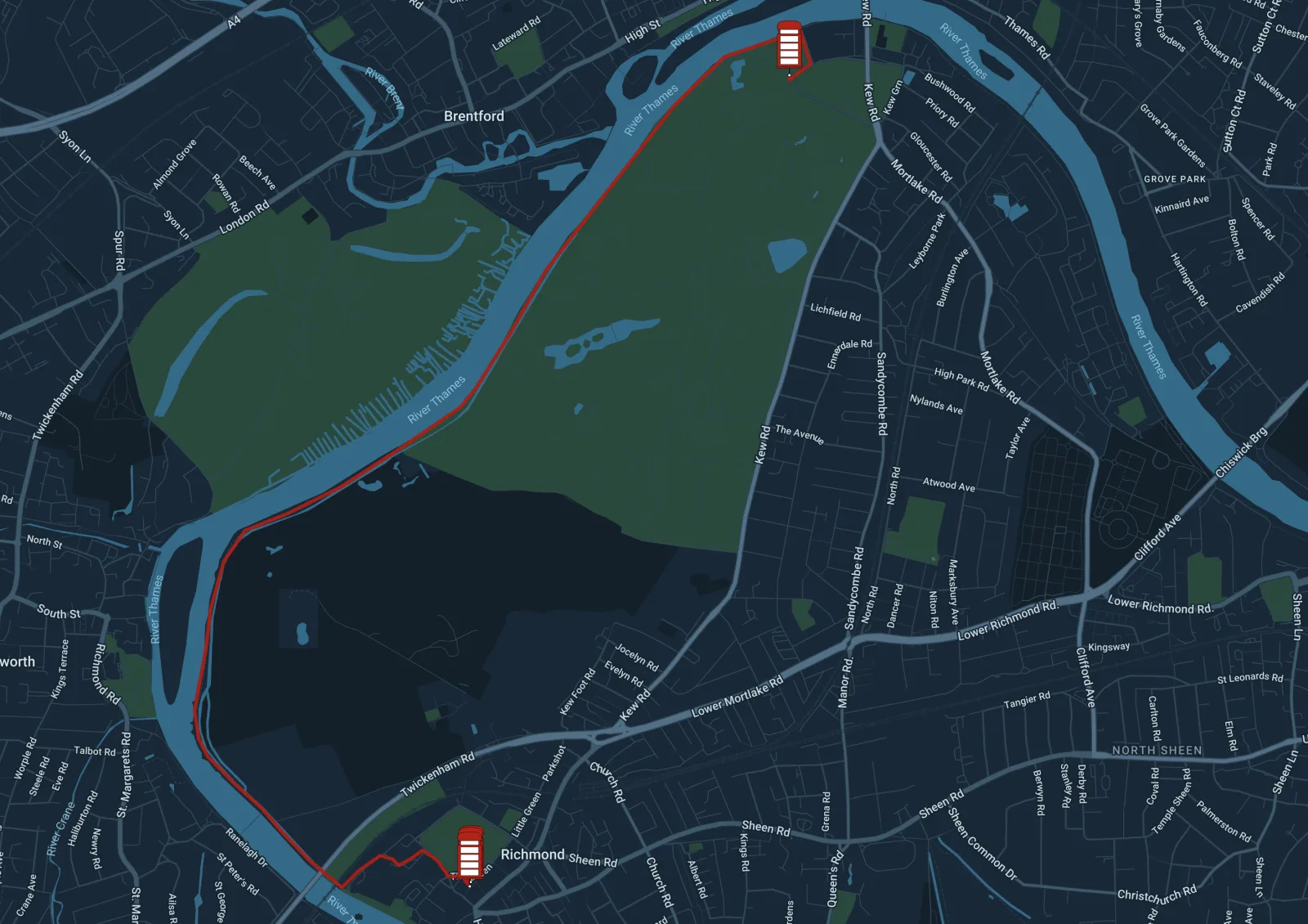 Kew Green to Richmond Green via Thames River route map