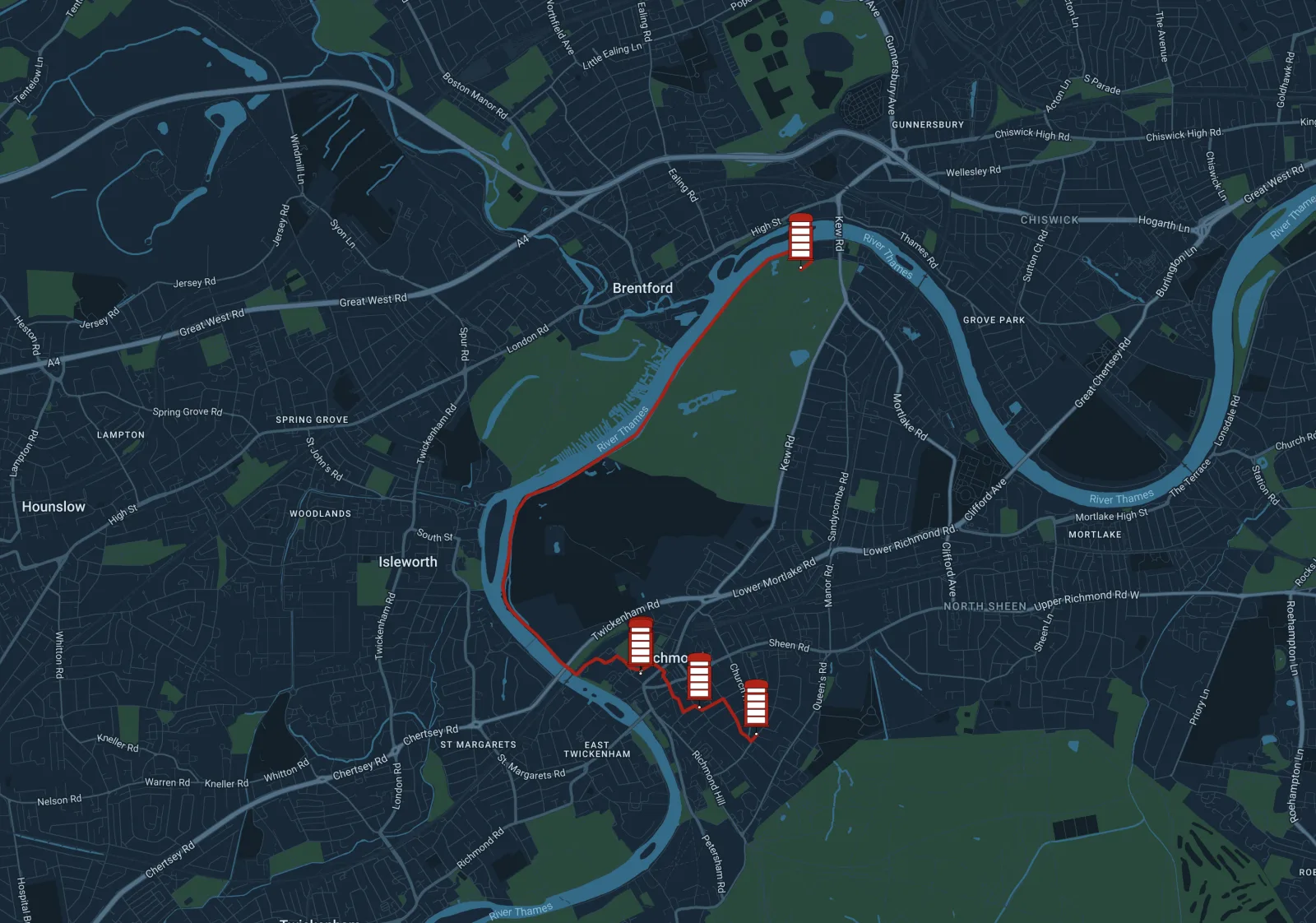 Kew Green to Richmond Hill via Thames River route map