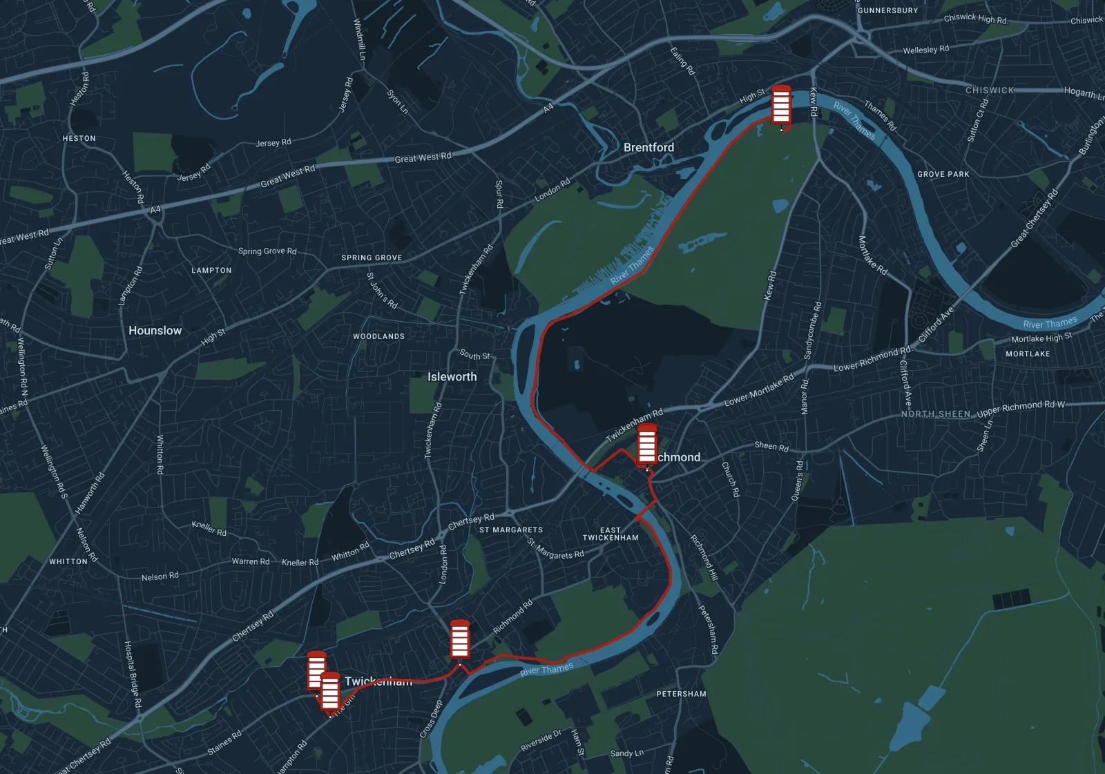Kew Green to Twickenham Green via Thames River route map