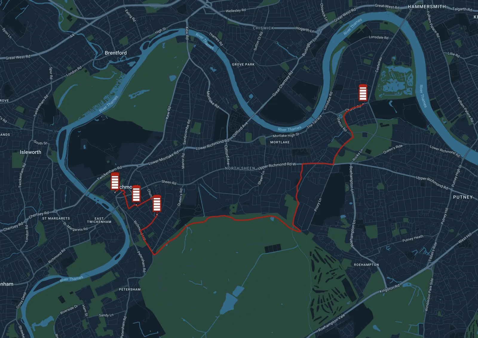 Richmond Green to Barnes via Richmond Park route map