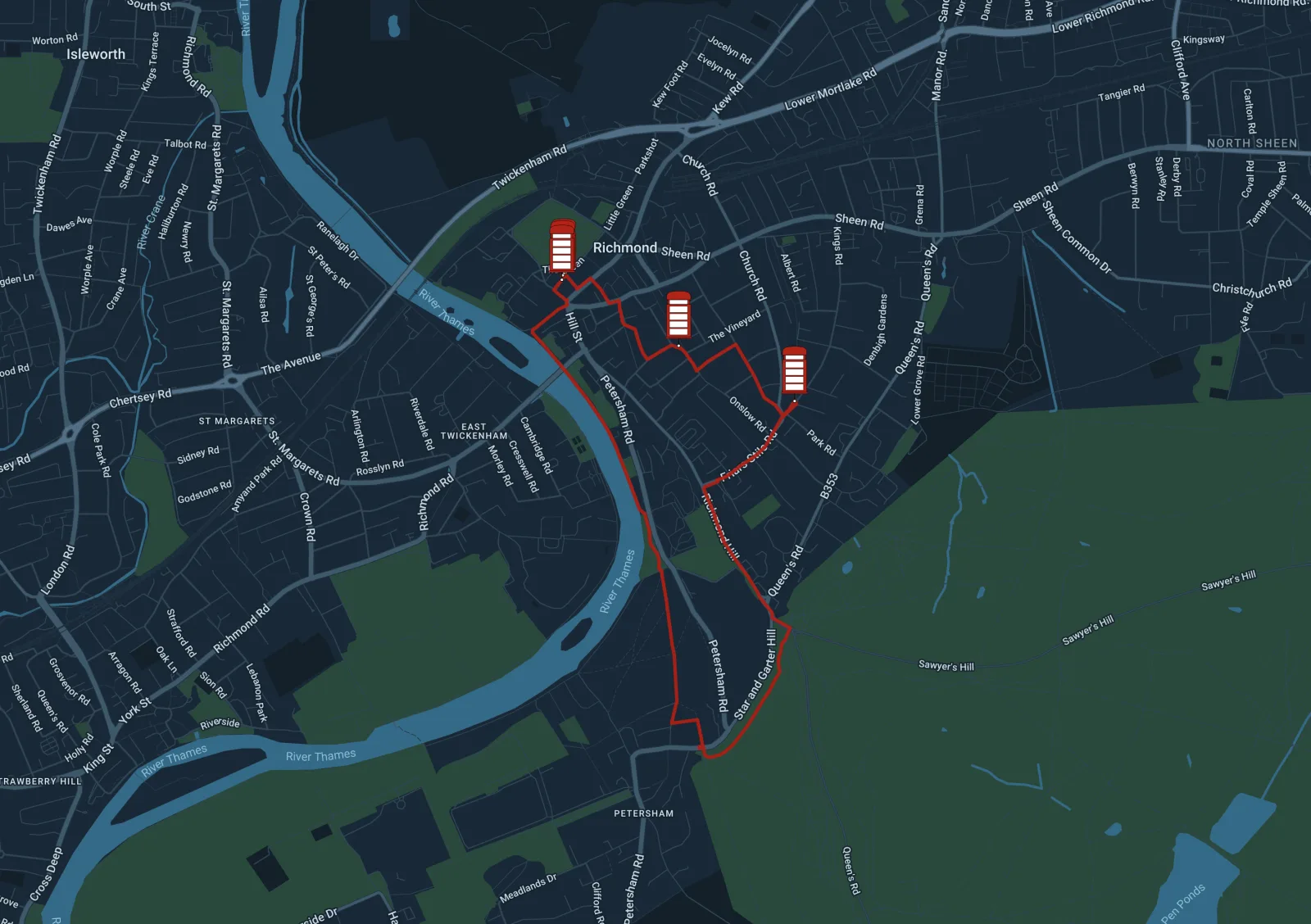 Richmond Green to Richmond Green via Richmond Park route map