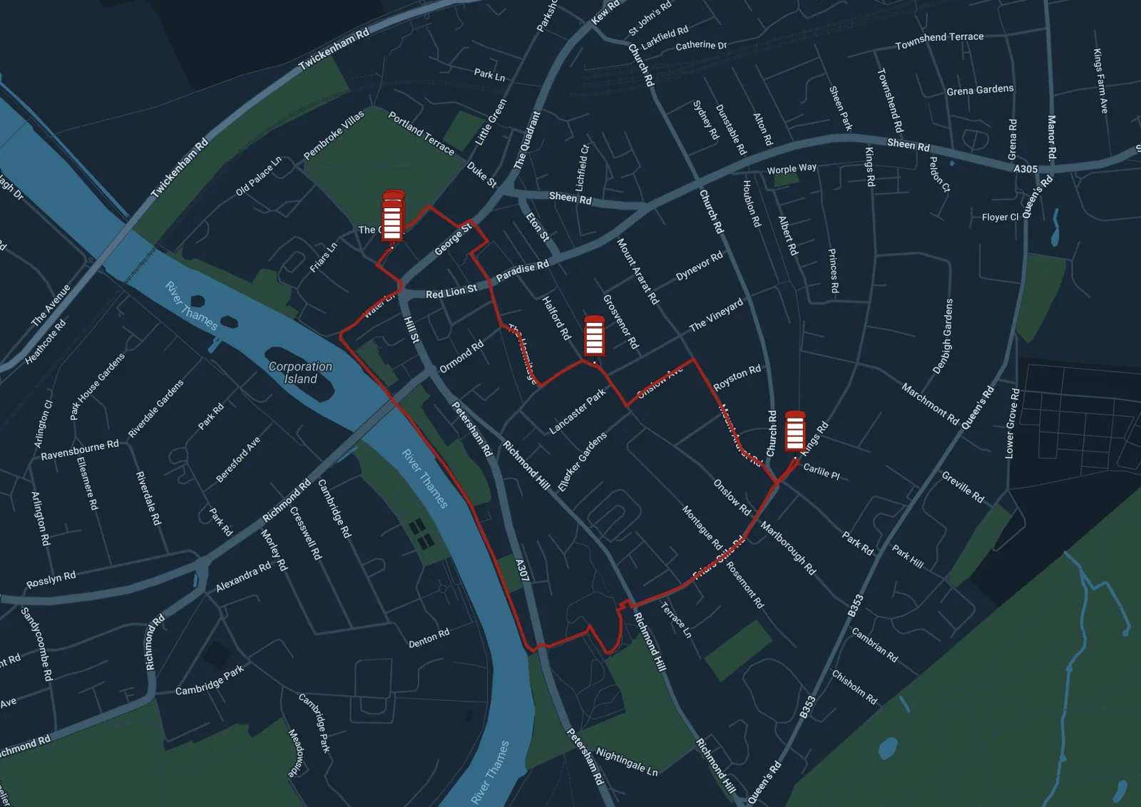 Richmond Green to Richmond Green via Terrace Gardens route map