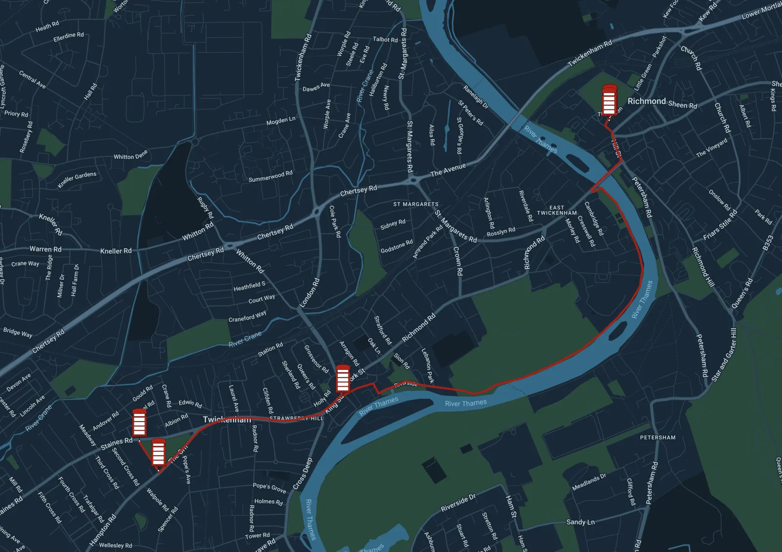 Richmond Green to Twickenham Green via Thames River route map