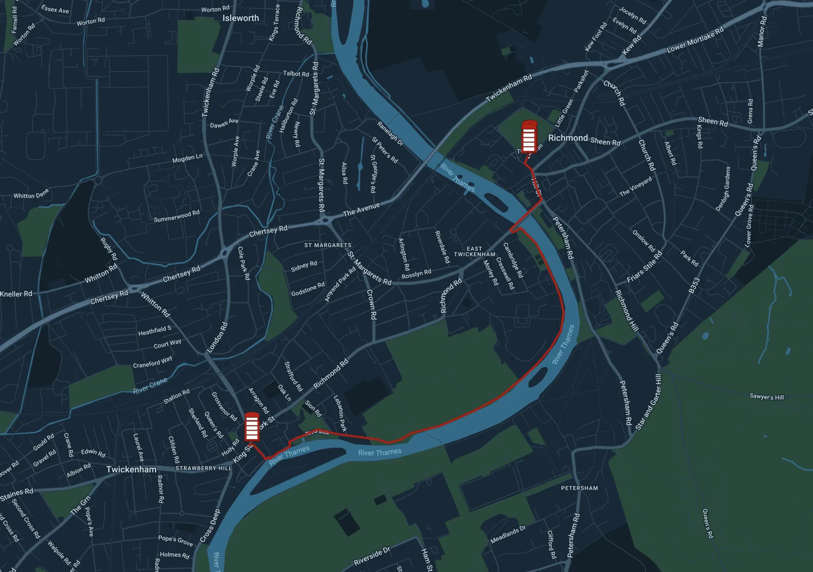 Richmond Green to Twickenham High Street via Thames River route map